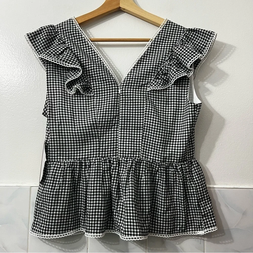Nanette Lepore S Gingham Ruffle Tencel Peplum Blouse Retro 50s 60s Cottagecore